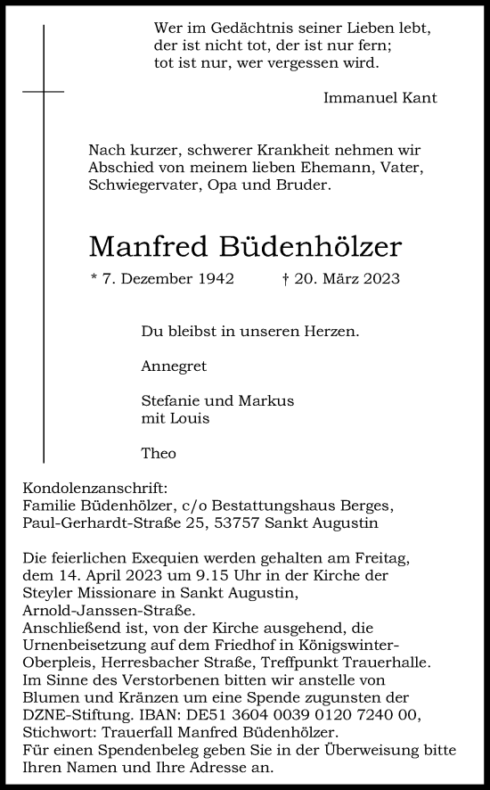 Anzeige von Manfred Büdenhölzer von Kölner Stadt-Anzeiger / Kölnische Rundschau / Express
