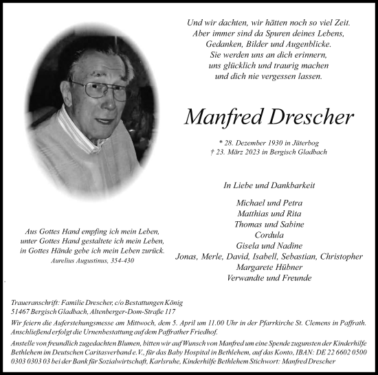 Anzeige von Manfred Drescher von Kölner Stadt-Anzeiger / Kölnische Rundschau / Express