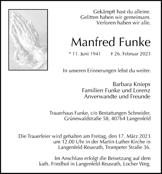 Anzeige von Manfred Funke von Kölner Stadt-Anzeiger / Kölnische Rundschau / Express
