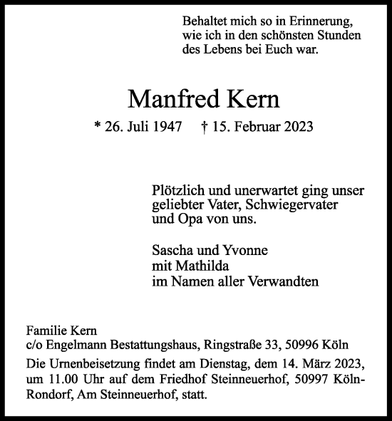 Anzeige von Manfred Kern von Kölner Stadt-Anzeiger / Kölnische Rundschau / Express