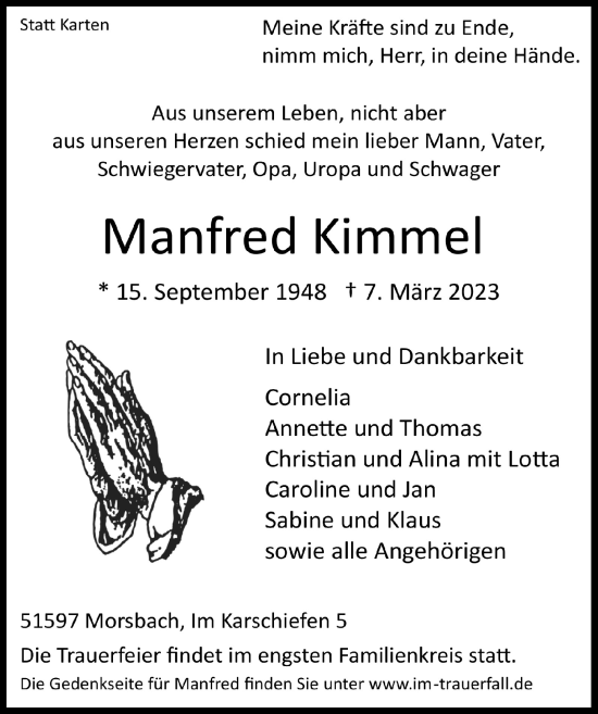 Anzeige von Manfred Kimmel von  Lokalanzeiger 