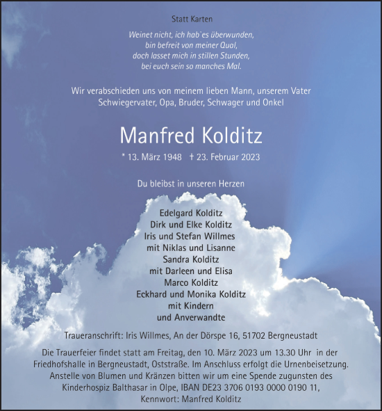 Anzeige von Manfred Kolditz von  Anzeigen Echo 