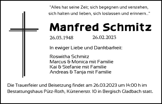 Anzeige von Manfred Schmitz von Kölner Stadt-Anzeiger / Kölnische Rundschau / Express