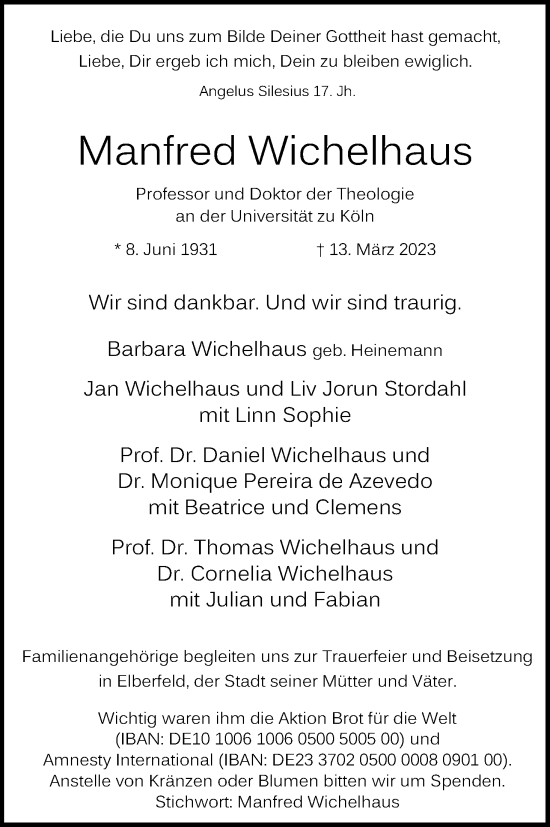 Anzeige von Manfred Wichelhaus von Kölner Stadt-Anzeiger / Kölnische Rundschau / Express