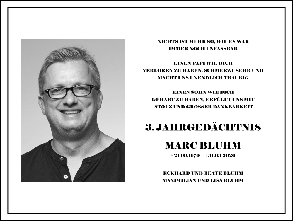  Traueranzeige für Marc Bluhm vom 25.03.2023 aus Kölner Stadt-Anzeiger / Kölnische Rundschau / Express