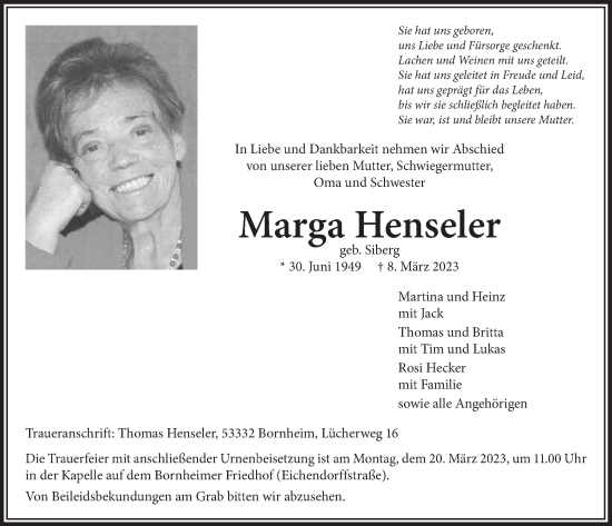 Anzeige von Marga Henseler von  Schaufenster/Blickpunkt 
