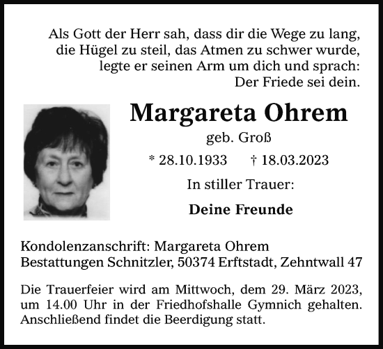 Anzeige von Margareta Ohrem von Kölner Stadt-Anzeiger / Kölnische Rundschau / Express