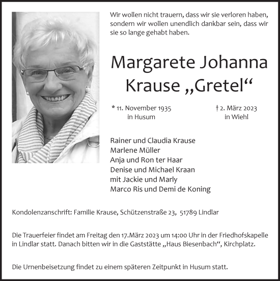 Anzeige von Margarete Gretel von  Anzeigen Echo 