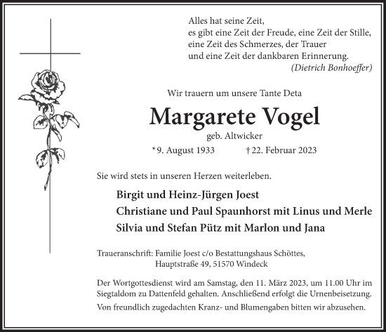 Anzeige von Margarete Vogel von  Lokalanzeiger 