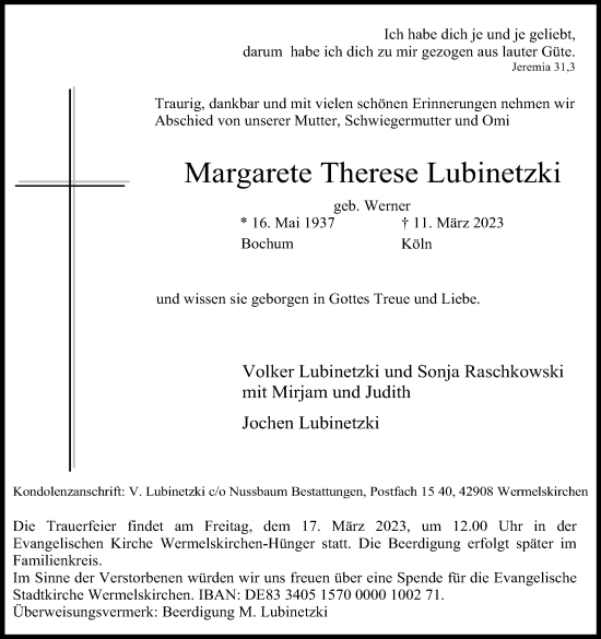 Anzeige von Margarete Therese Lubinetzki von Kölner Stadt-Anzeiger / Kölnische Rundschau / Express