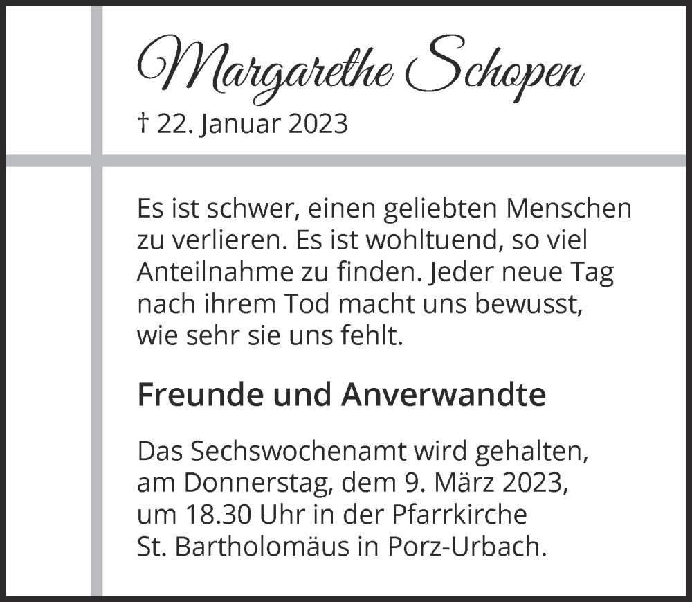  Traueranzeige für Margarethe Schopen vom 03.03.2023 aus  EXPRESS - Die Woche 