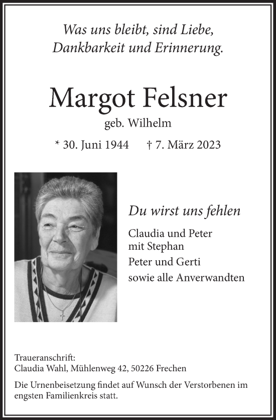 Anzeige von Margot Felsner von  Wochenende 