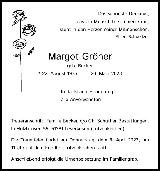 Anzeige von Margot Gröner von Kölner Stadt-Anzeiger / Kölnische Rundschau / Express