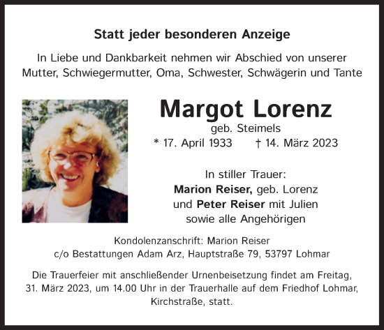 Anzeige von Margot Lorenz von Kölner Stadt-Anzeiger / Kölnische Rundschau / Express