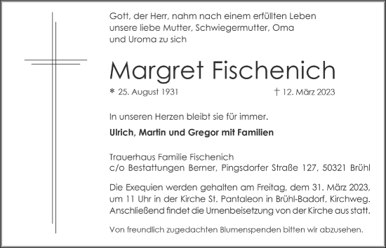 Anzeige von Margret Fischenich von  Schlossbote/Werbekurier 