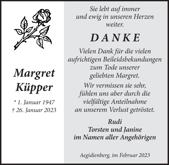 Anzeige von Margret Küpper von  Extra Blatt 