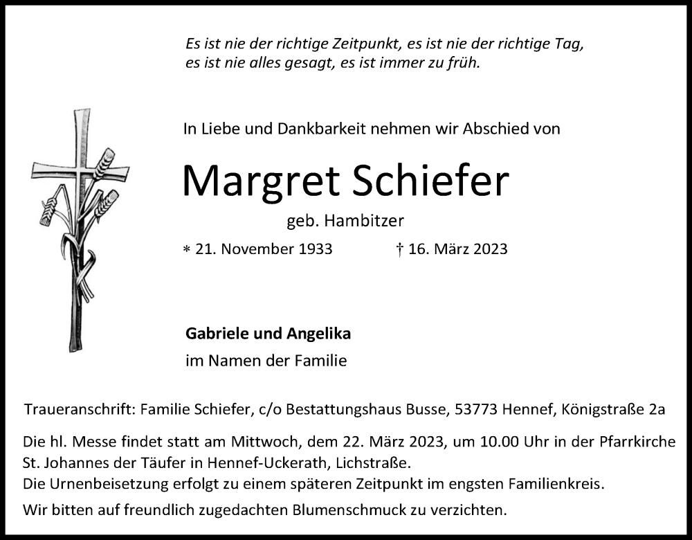  Traueranzeige für Margret Schiefer vom 21.03.2023 aus Kölner Stadt-Anzeiger / Kölnische Rundschau / Express