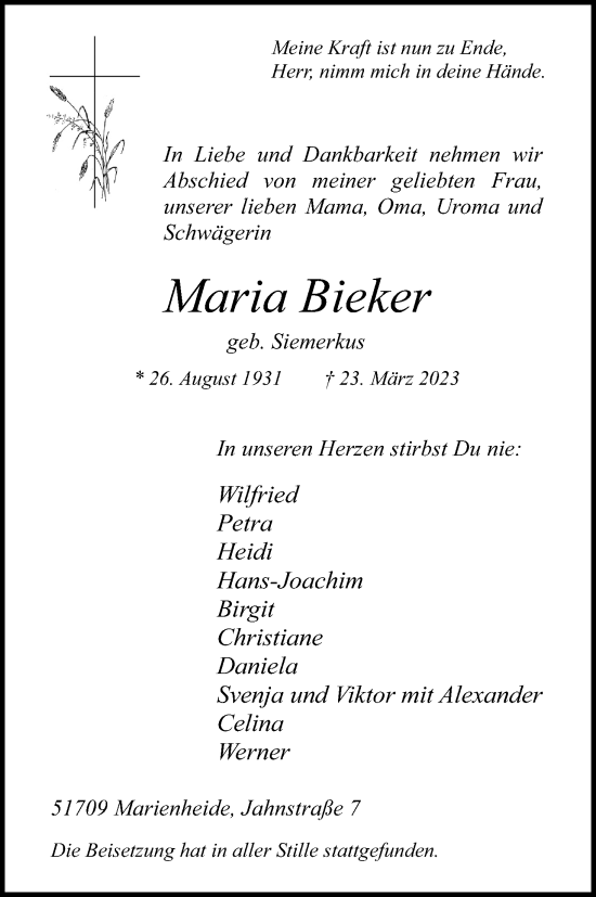Anzeige von Maria Bieker von Kölner Stadt-Anzeiger / Kölnische Rundschau / Express