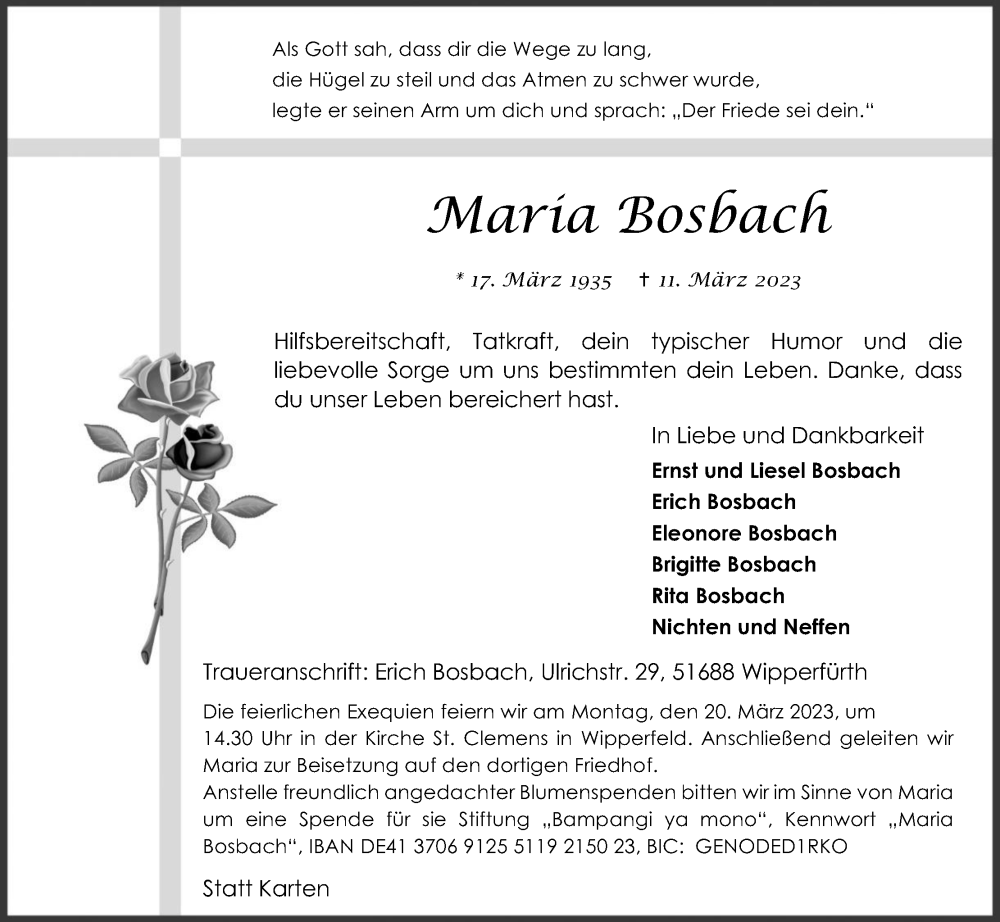  Traueranzeige für Maria Bosbach vom 15.03.2023 aus Kölner Stadt-Anzeiger / Kölnische Rundschau / Express