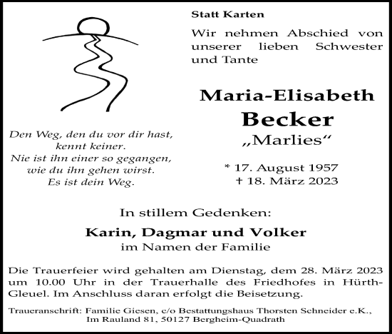 Anzeige von Maria-Elisabeth Becker von Kölner Stadt-Anzeiger / Kölnische Rundschau / Express