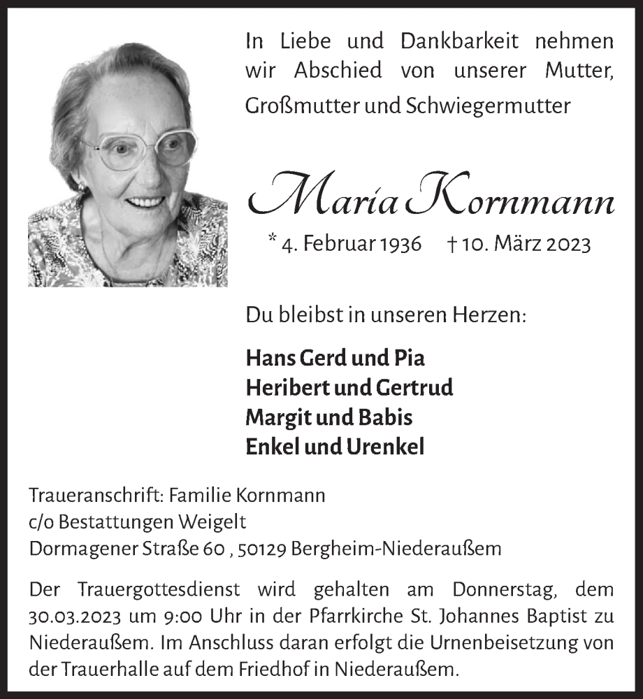  Traueranzeige für Maria Kornmann vom 24.03.2023 aus  Werbepost 