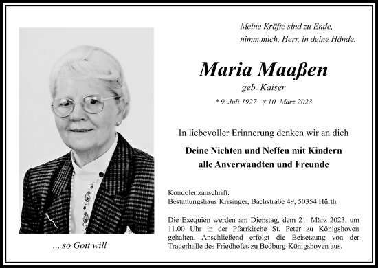 Anzeige von Maria Maaßen von Kölner Stadt-Anzeiger / Kölnische Rundschau / Express