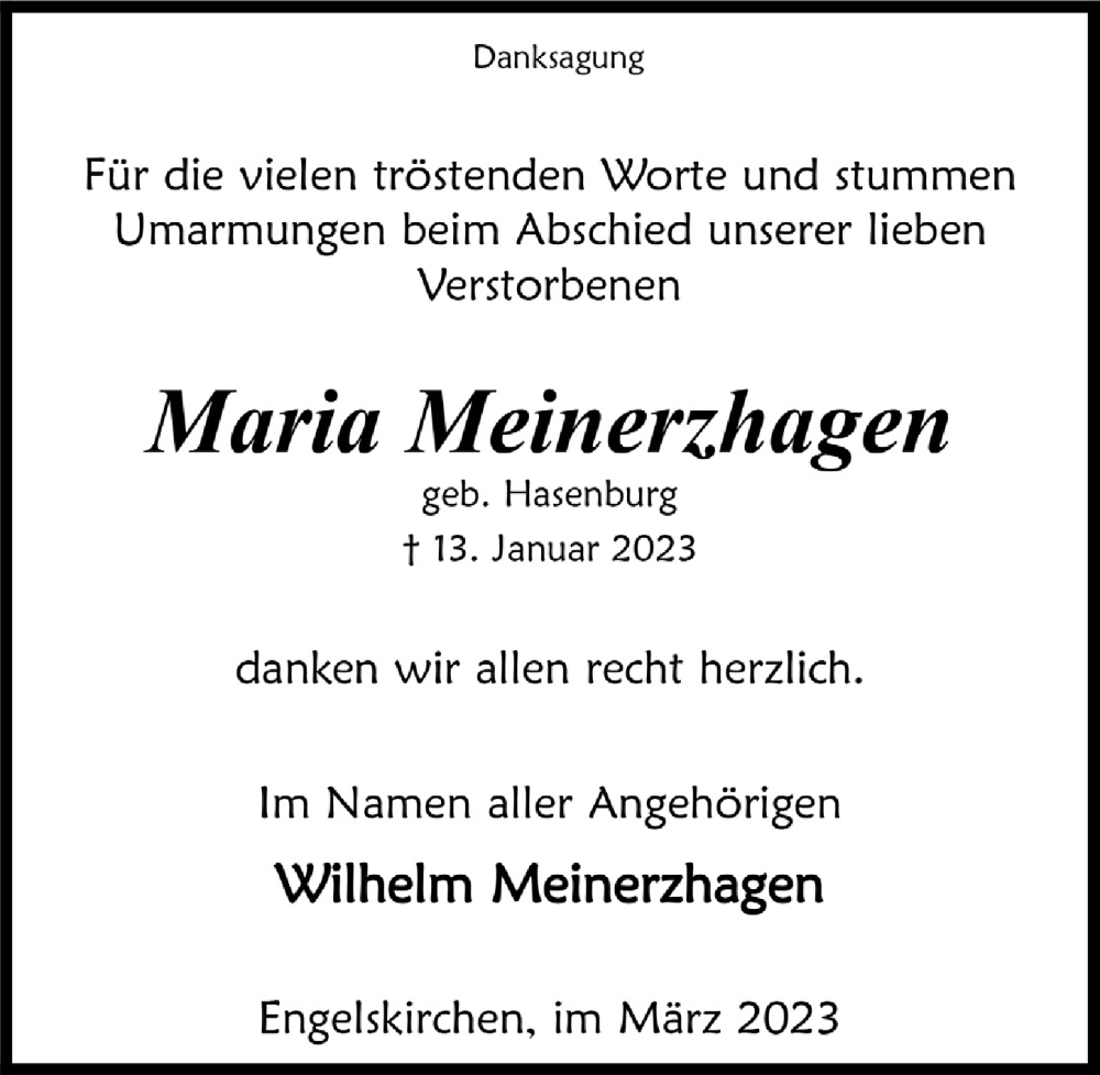  Traueranzeige für Maria Meinerzhagen vom 10.03.2023 aus  Anzeigen Echo 