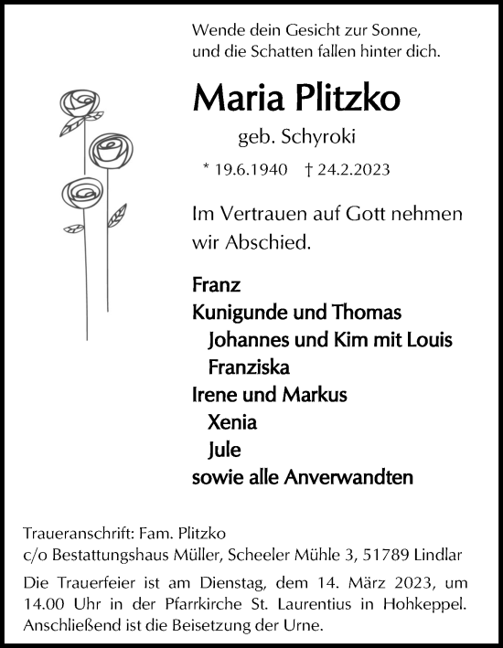 Anzeige von Maria Plitzko von Kölner Stadt-Anzeiger / Kölnische Rundschau / Express