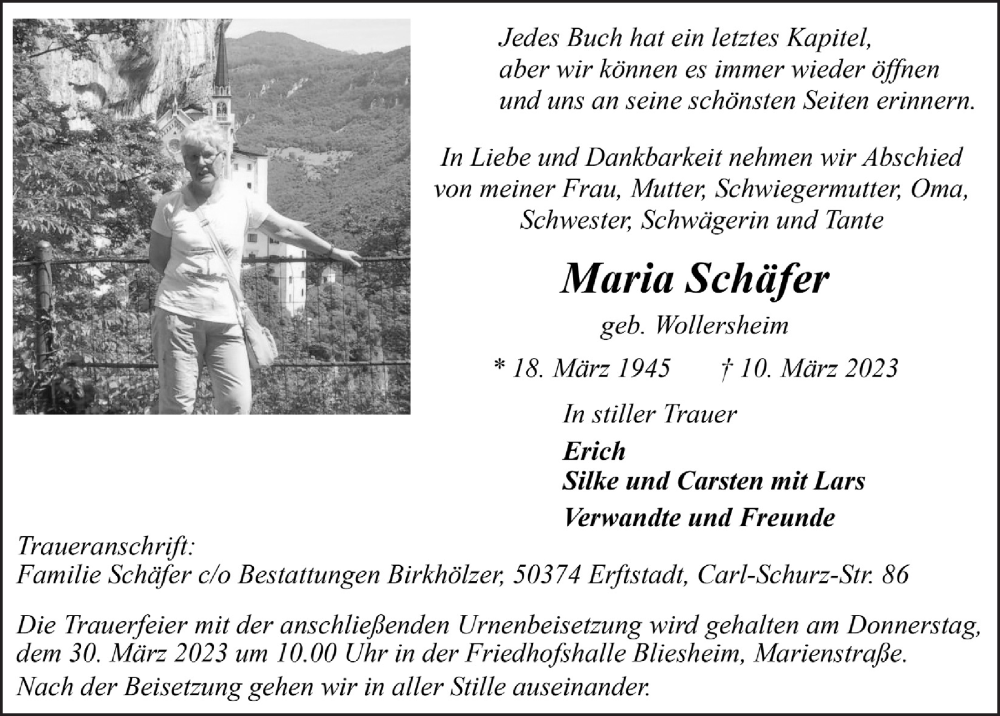 Traueranzeige für Maria Schäfer vom 24.03.2023 aus  Werbepost 