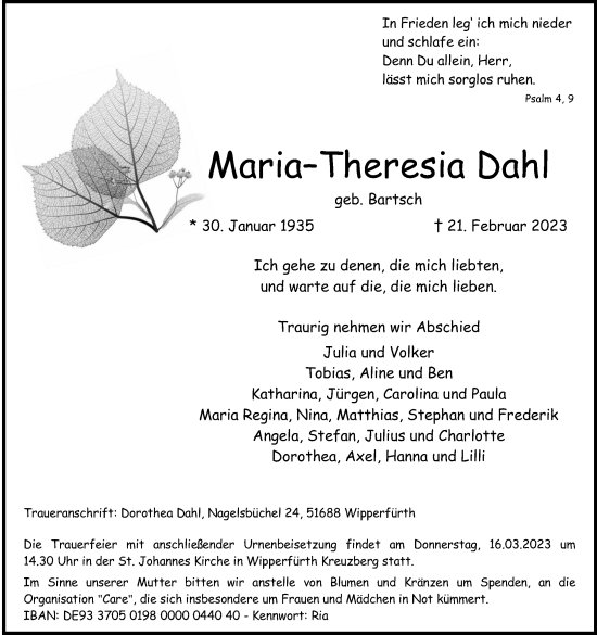 Anzeige von Maria-Theresia Dahl von Kölner Stadt-Anzeiger / Kölnische Rundschau / Express