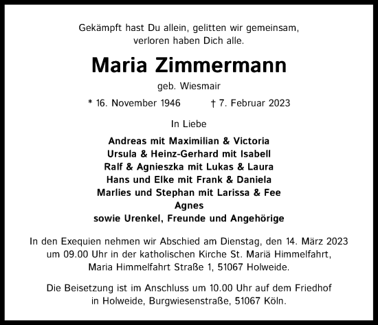 Anzeige von Maria Zimmermann von Kölner Stadt-Anzeiger / Kölnische Rundschau / Express