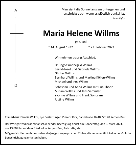 Anzeige von Maria Helene Willms von Kölner Stadt-Anzeiger / Kölnische Rundschau / Express