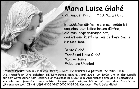 Anzeige von Maria Luise Glahe von Kölner Stadt-Anzeiger / Kölnische Rundschau / Express