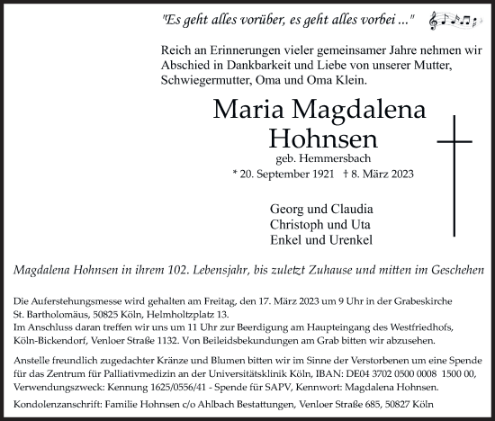 Anzeige von Maria Magdalena Hohnsen von Kölner Stadt-Anzeiger / Kölnische Rundschau / Express