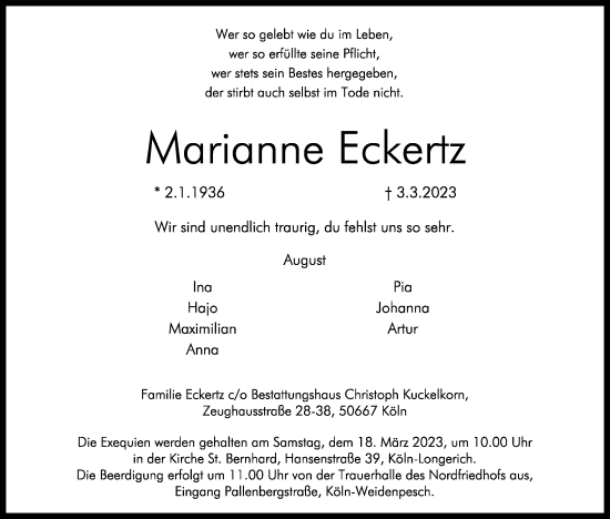 Anzeige von Marianne Eckertz von Kölner Stadt-Anzeiger / Kölnische Rundschau / Express