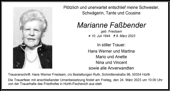 Anzeige von Marianne Faßbender von  Wochenende 