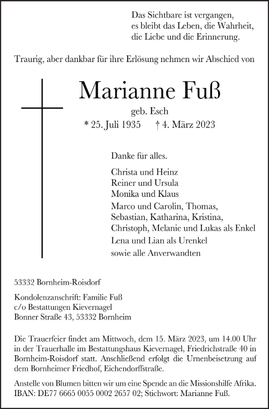 Anzeige von Marianne Fuß von  Schaufenster/Blickpunkt 