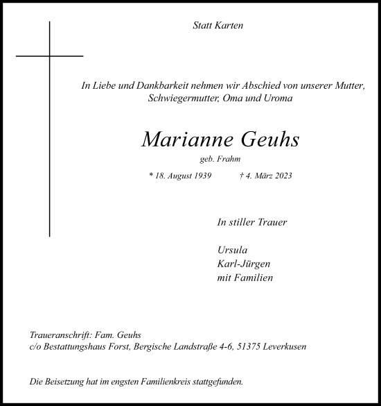Anzeige von Marianne Geuhs von Kölner Stadt-Anzeiger / Kölnische Rundschau / Express