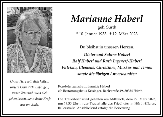 Anzeige von Marianne Haberl von  Wochenende 