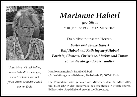 Anzeige von Marianne Haberl von Kölner Stadt-Anzeiger / Kölnische Rundschau / Express