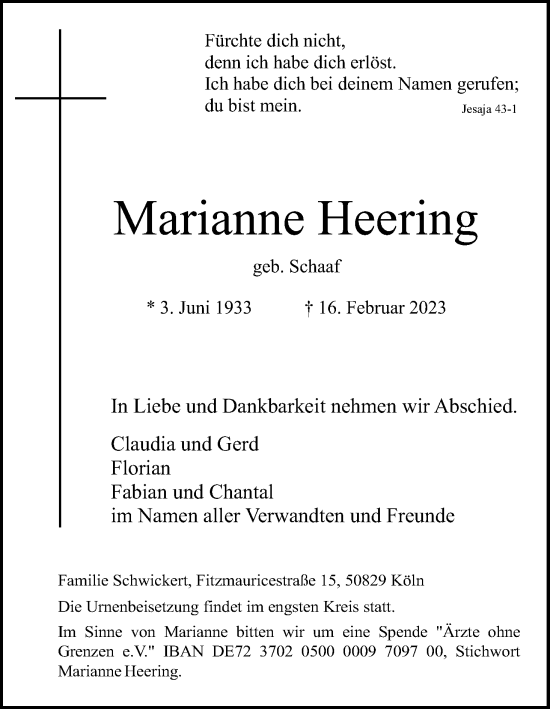 Anzeige von Marianne Heering von Kölner Stadt-Anzeiger / Kölnische Rundschau / Express