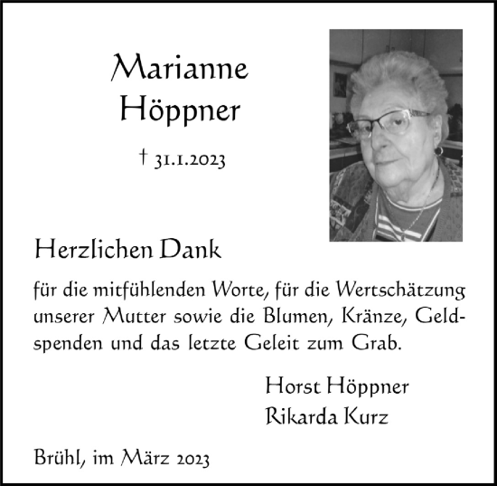 Anzeige von Marianne Höppner von  Schlossbote/Werbekurier 