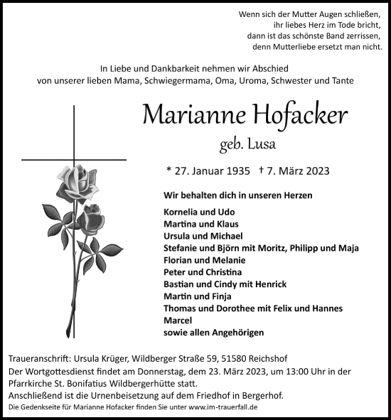 Anzeige von Marianne Hofacker von  Lokalanzeiger 