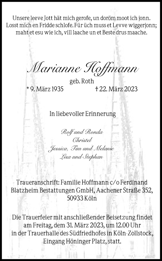 Anzeige von Marianne Hoffmann von Kölner Stadt-Anzeiger / Kölnische Rundschau / Express