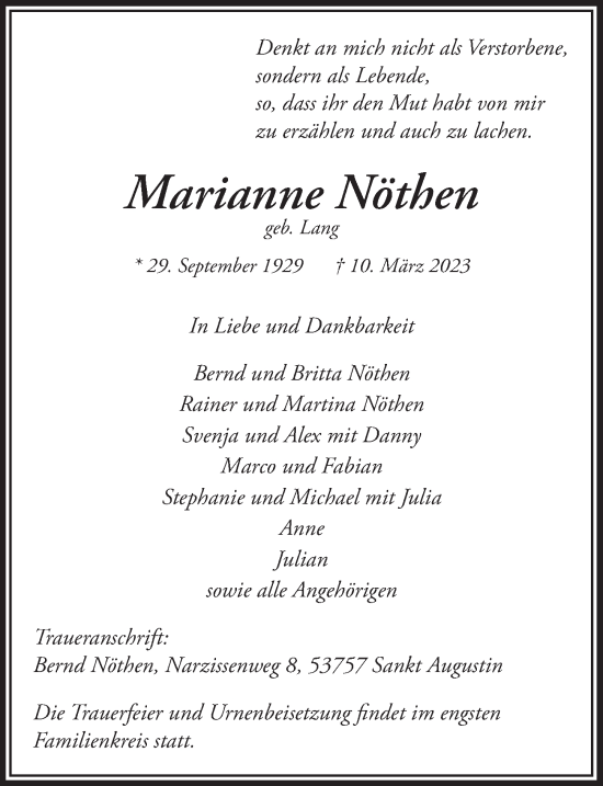 Anzeige von Marianne Nöthen von  Extra Blatt 