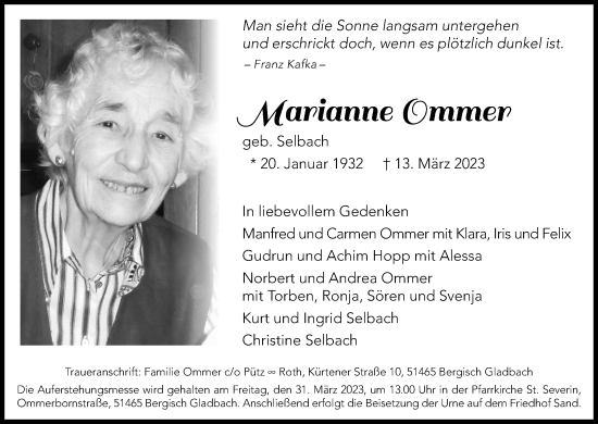 Anzeige von Marianne Ommer von Kölner Stadt-Anzeiger / Kölnische Rundschau / Express
