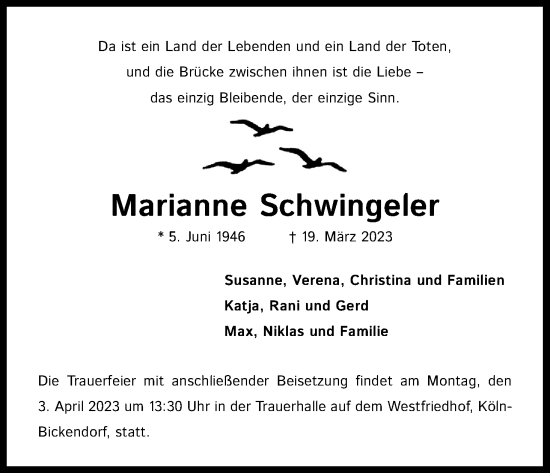 Anzeige von Marianne Schwingeler von Kölner Stadt-Anzeiger / Kölnische Rundschau / Express