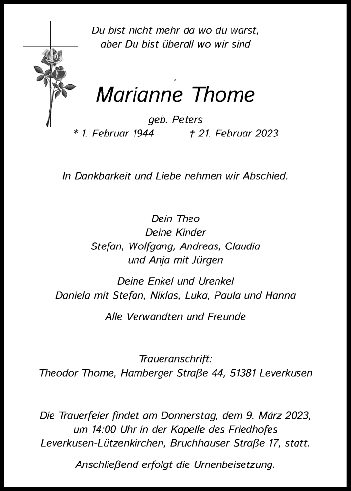  Traueranzeige für Marianne Thome vom 04.03.2023 aus Kölner Stadt-Anzeiger / Kölnische Rundschau / Express