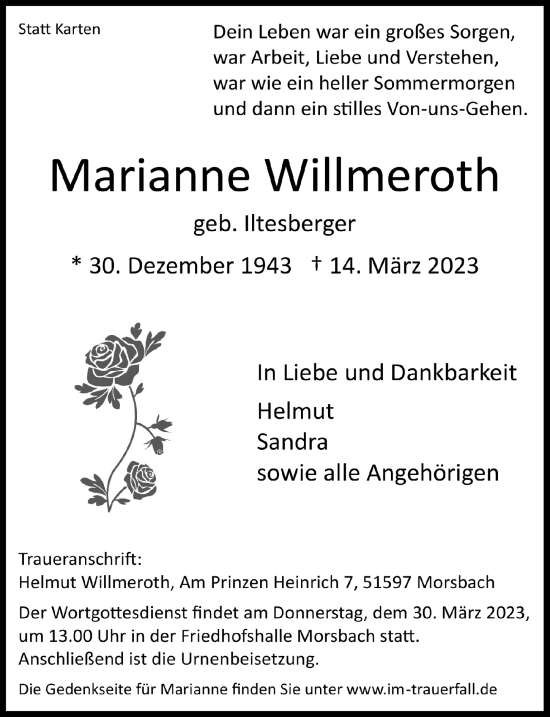 Anzeige von Marianne Willmeroth von  Lokalanzeiger 