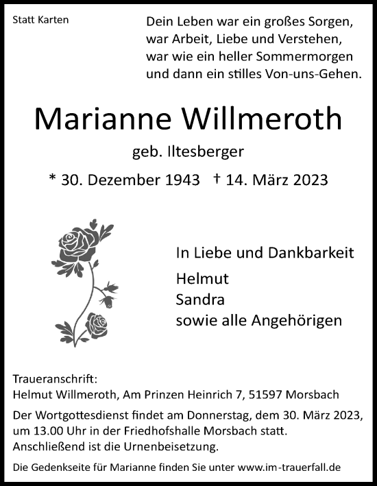 Anzeige von Marianne Willmeroth von Kölner Stadt-Anzeiger / Kölnische Rundschau / Express